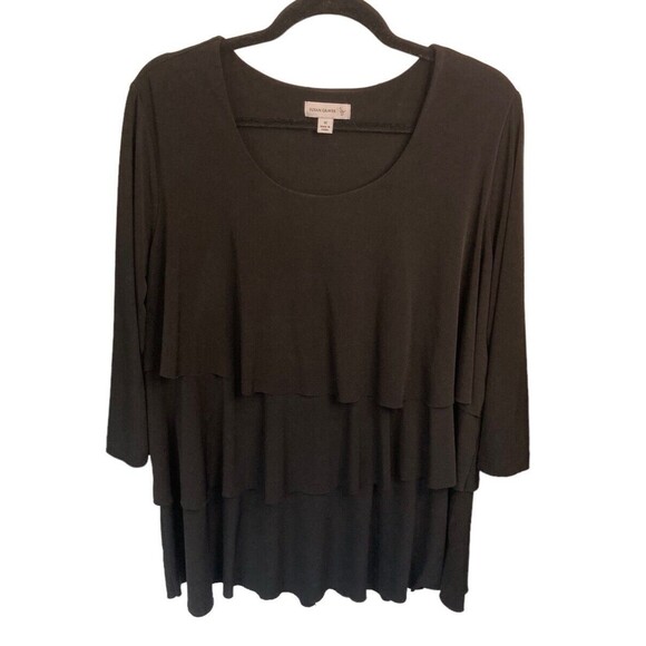 Susan Graver Liquid Knit Tiered Blouse Black Size 1X 3/4 Length‎ Sleeve - Picture 1 of 4